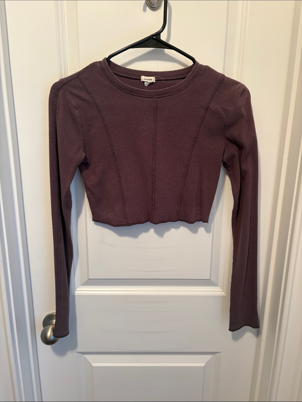 Garage Plum Cropped Ribbed Long-Sleeve Top